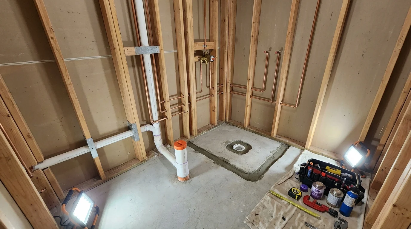 Bathroom rough-in plumbing during remodel by Johns Plumbing LLC in Upper Lake