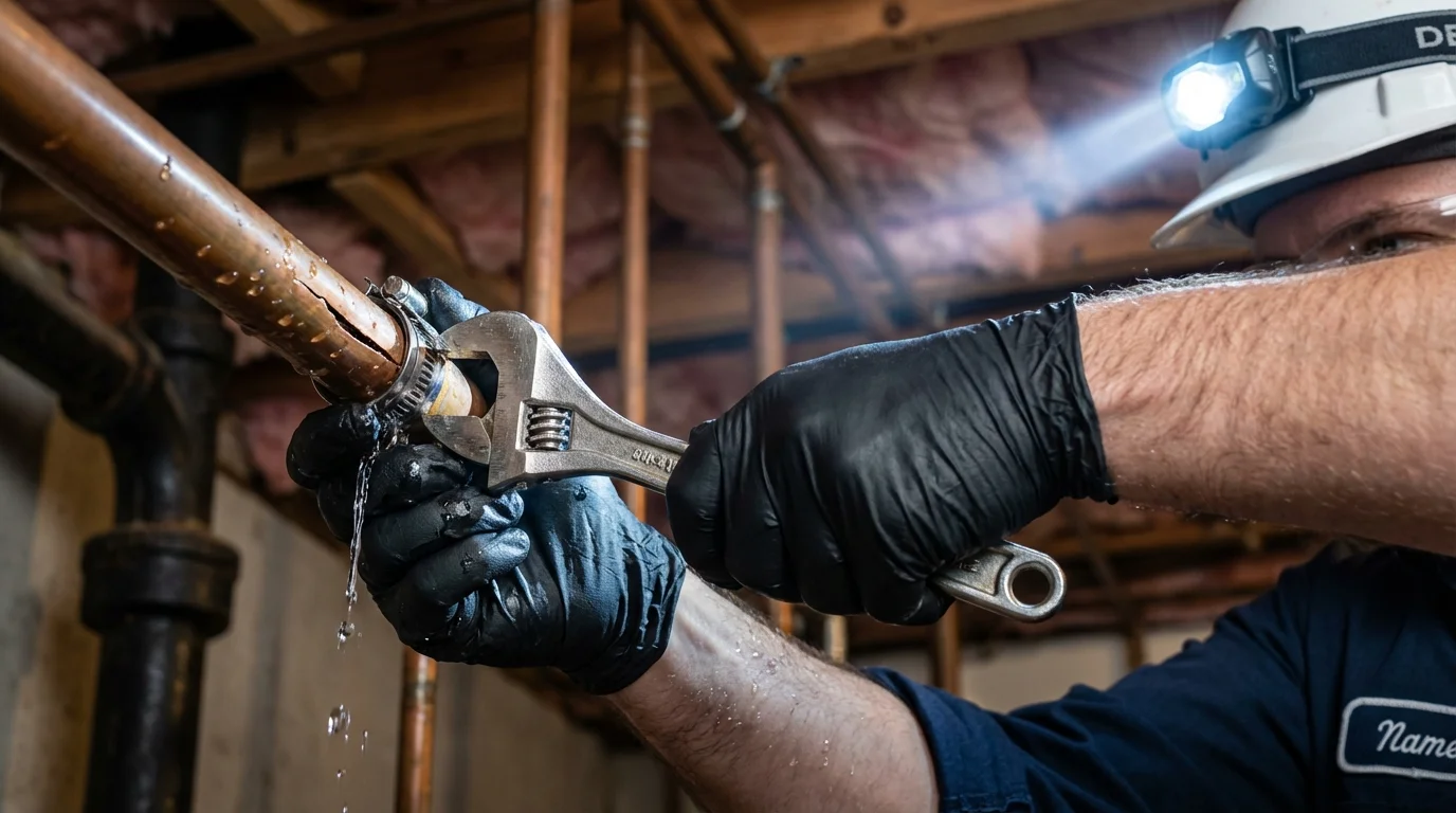 Emergency pipe clamp repair being performed by a Johns Plumbing LLC plumber in Upper Lake