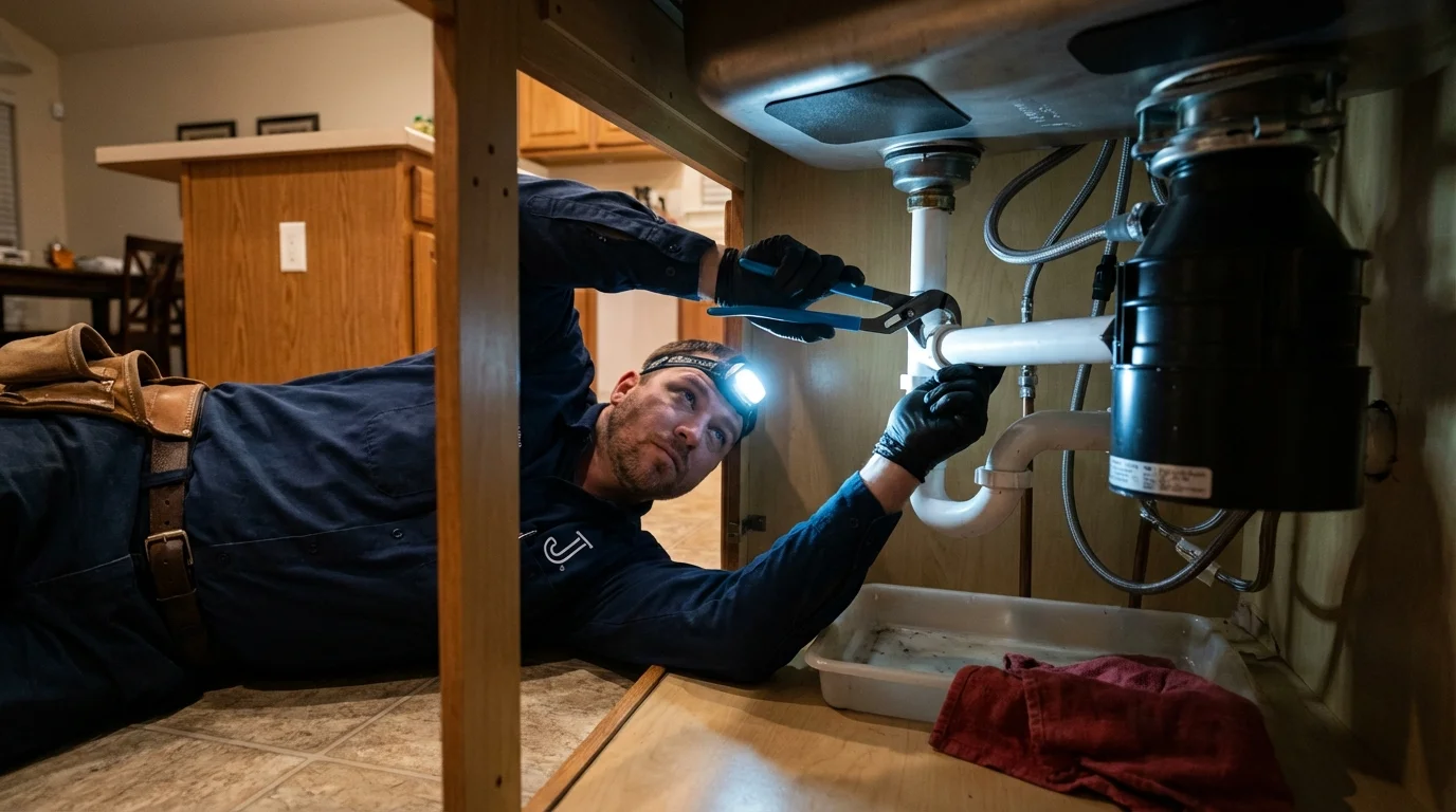 P-trap and supply line connections under a kitchen sink showing a common leak point in Upper Lake, CA